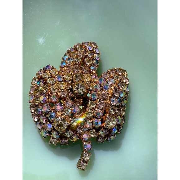 Vintage 1960s Large AB Rhinestone Cluster Leaf Brooch - Picture 5 of 12